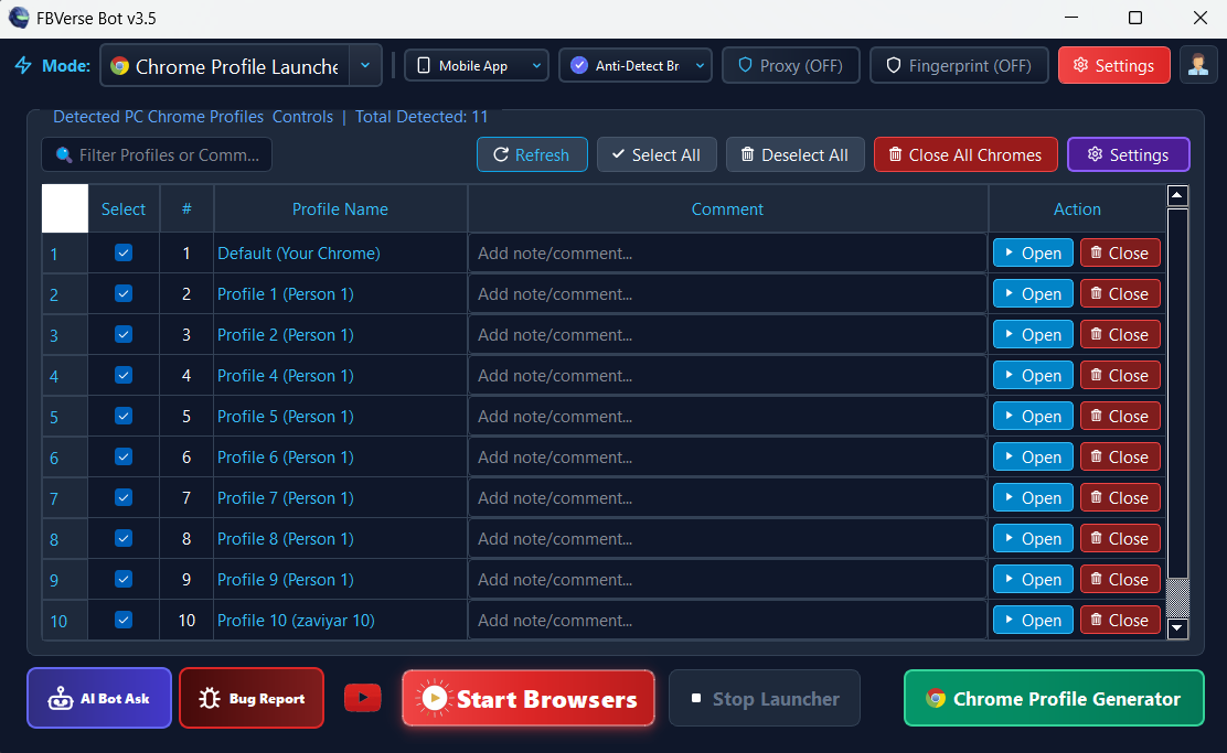 Auto-Detect Chrome & Power Loss Auto-Recovery - FBVerse Bot v3.5 Interface Screenshot