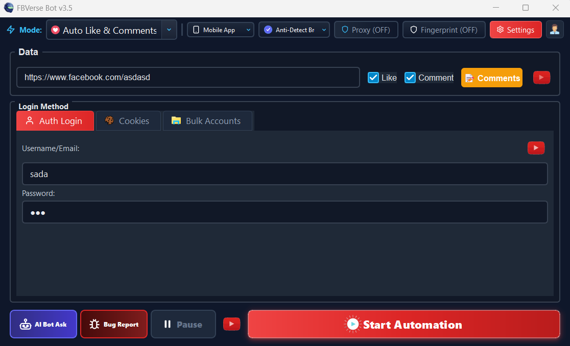 Automated Post Like & Comment Engine - FBVerse Bot v3.5 Interface Screenshot