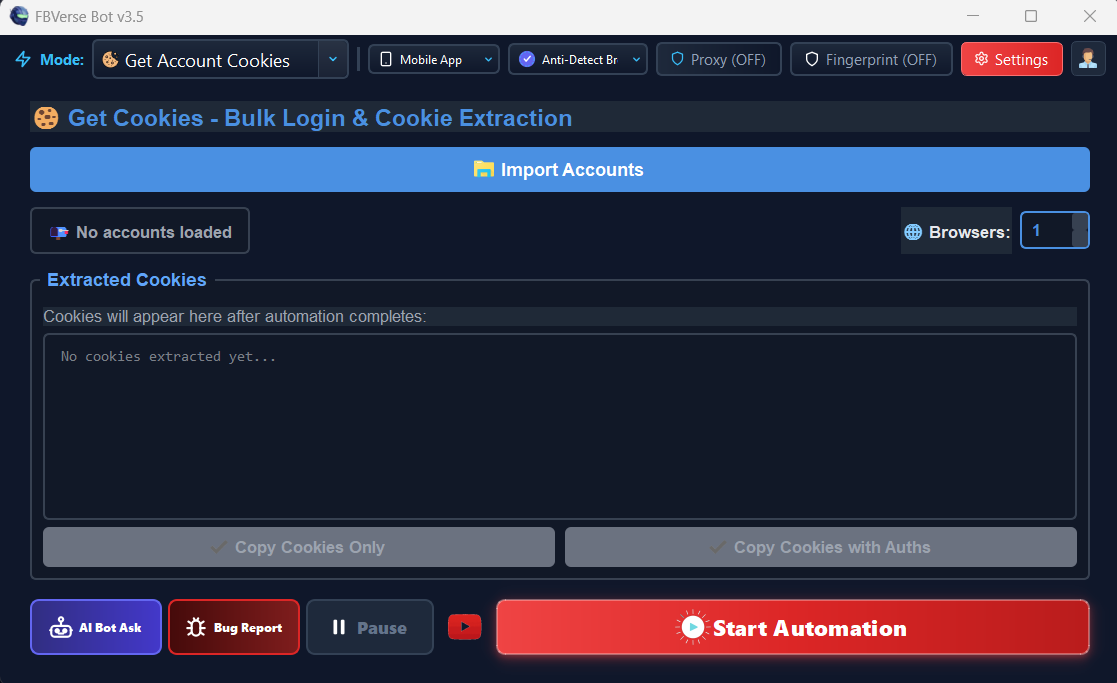 Automated Cookie Extraction & Tunneling - FBVerse Bot v3.5 Interface Screenshot
