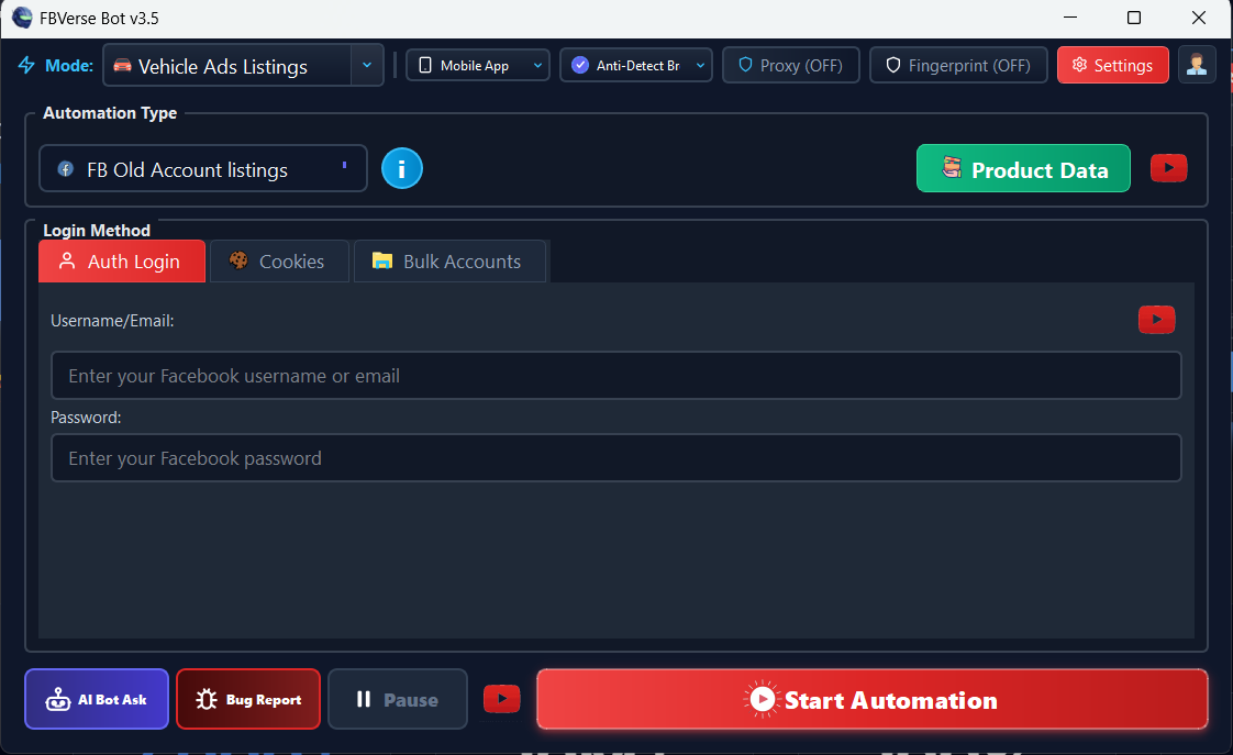 Marketplace Vehicle Vertical Auto Listing - FBVerse Bot v3.5 Interface Screenshot
