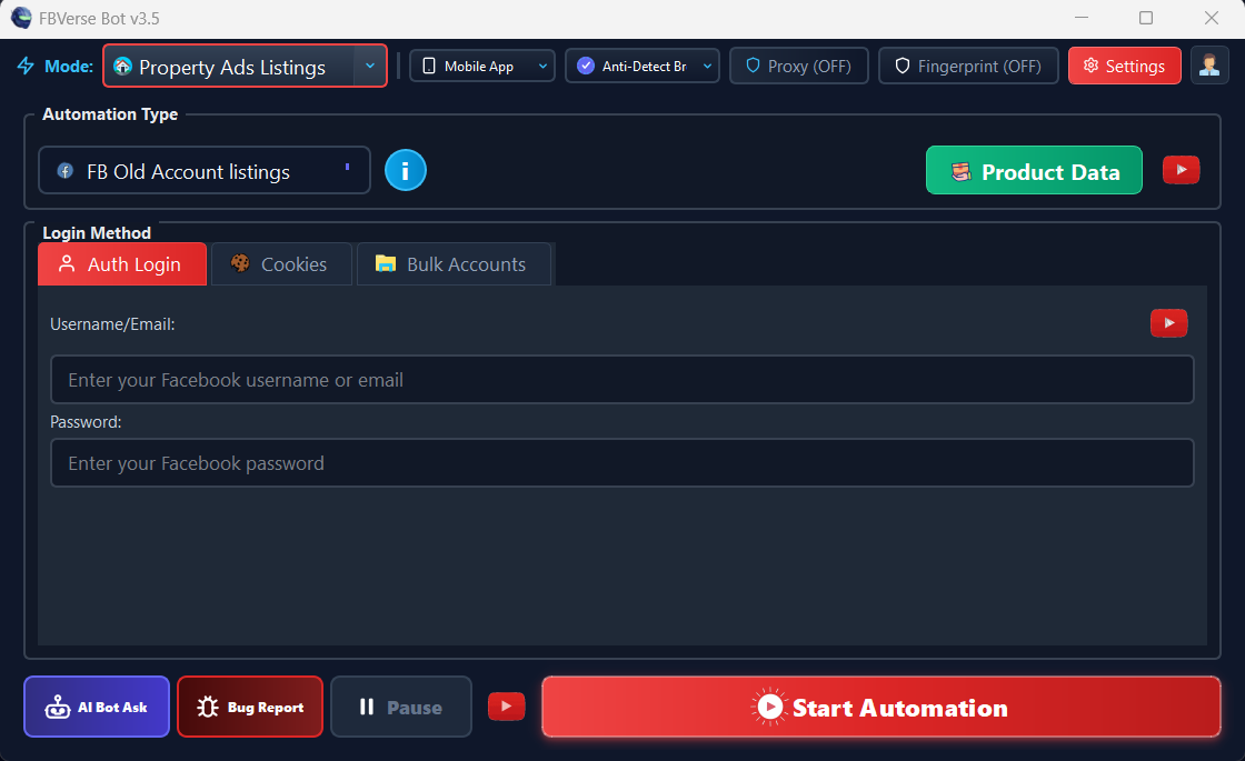 Facebook Property & Real Estate Auto Listing - FBVerse Bot v3.5 Interface Screenshot