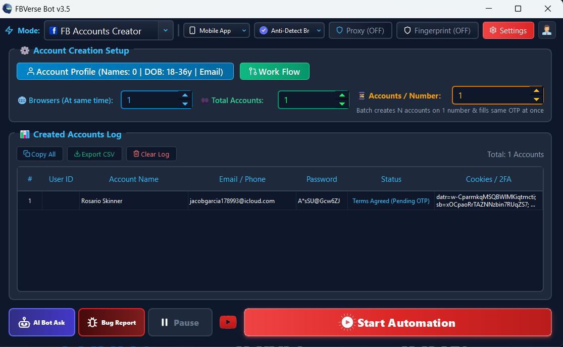 Unlimited Facebook Account Creator - FBVerse Bot v3.5 Interface Screenshot