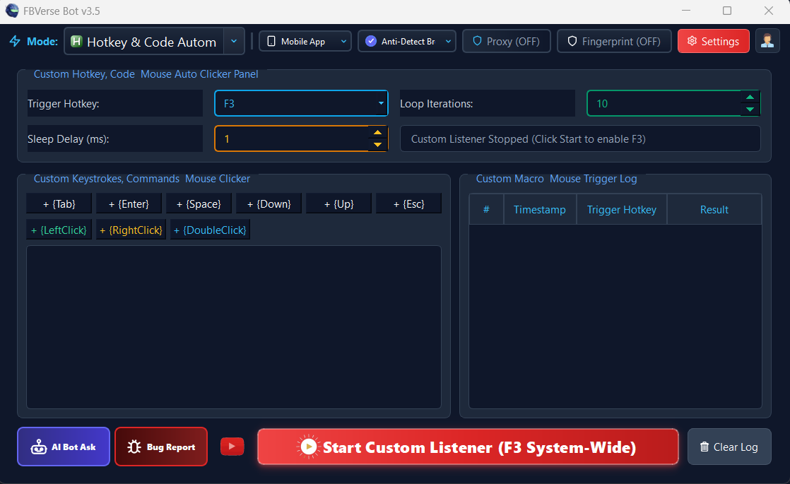 Custom Hotkeys & Quick Macro Automation - FBVerse Bot v3.5 Interface Screenshot