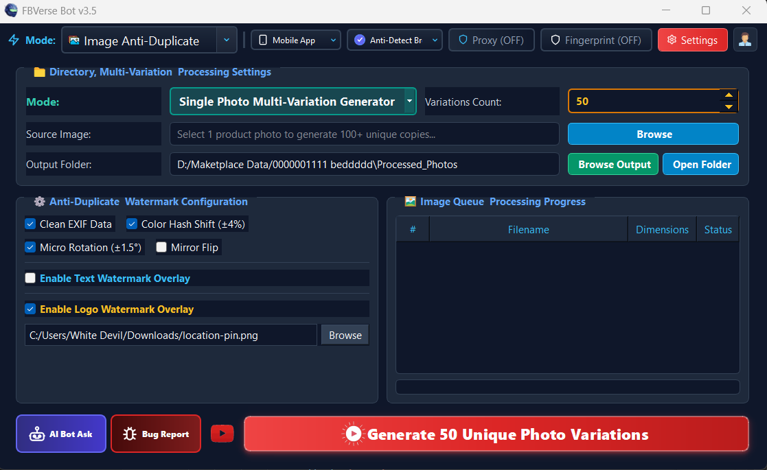 Anti-Detect Image Duplicate Bypass Maker - FBVerse Bot v3.5 Interface Screenshot