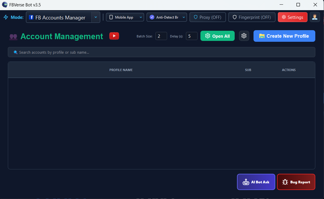 Centralized Account & Browser Manager - FBVerse Bot v3.5 Interface Screenshot