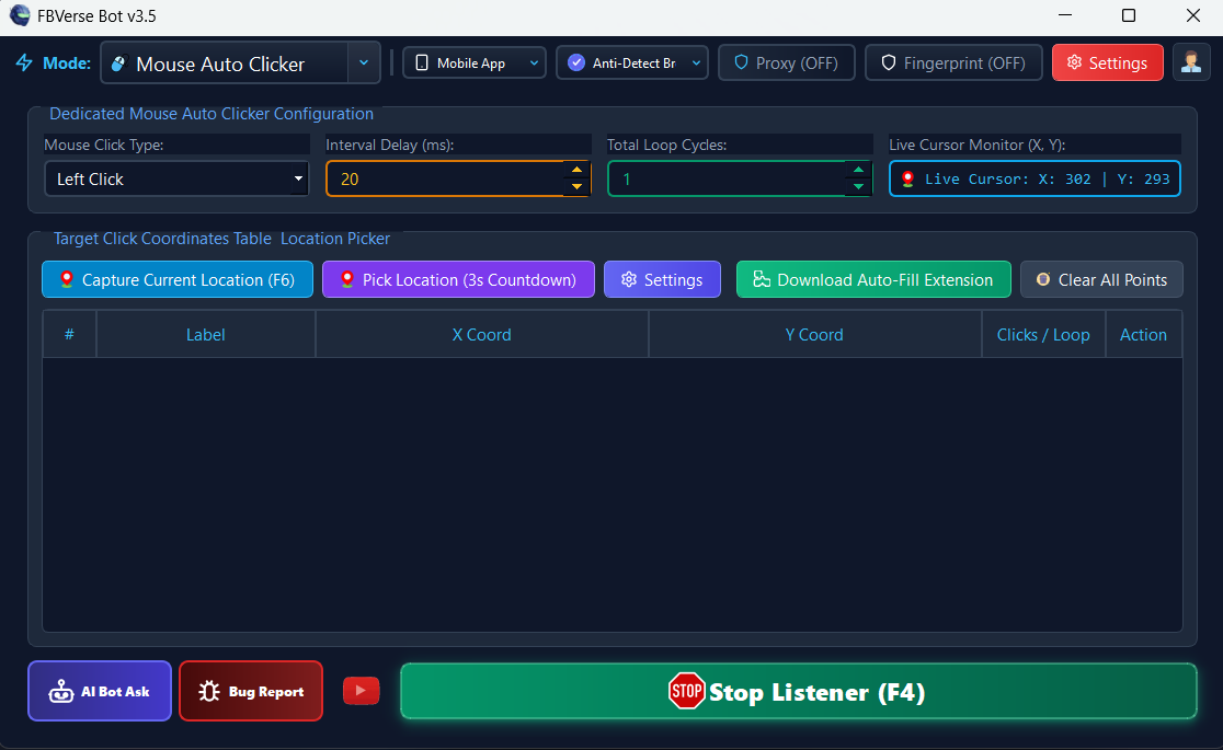 Humanized Mouse Auto Clicker - FBVerse Bot v3.5 Interface Screenshot