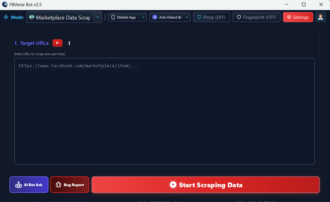 Facebook Marketplace Competitive Data Scraper - FBVerse Bot v3.5 Interface Screenshot