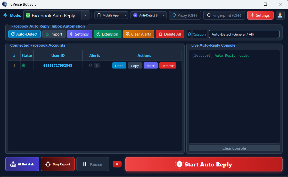 Facebook AI Auto Reply & Chat Support - FBVerse Bot v3.7 Screenshot